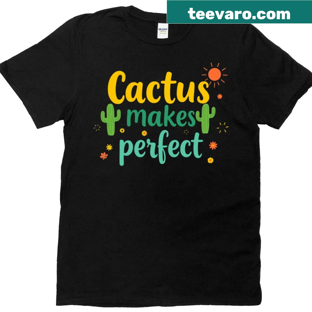 Cactus graphic with the text 'Cactus Makes Perfect' on T-shirt. — on a men's t-shirt