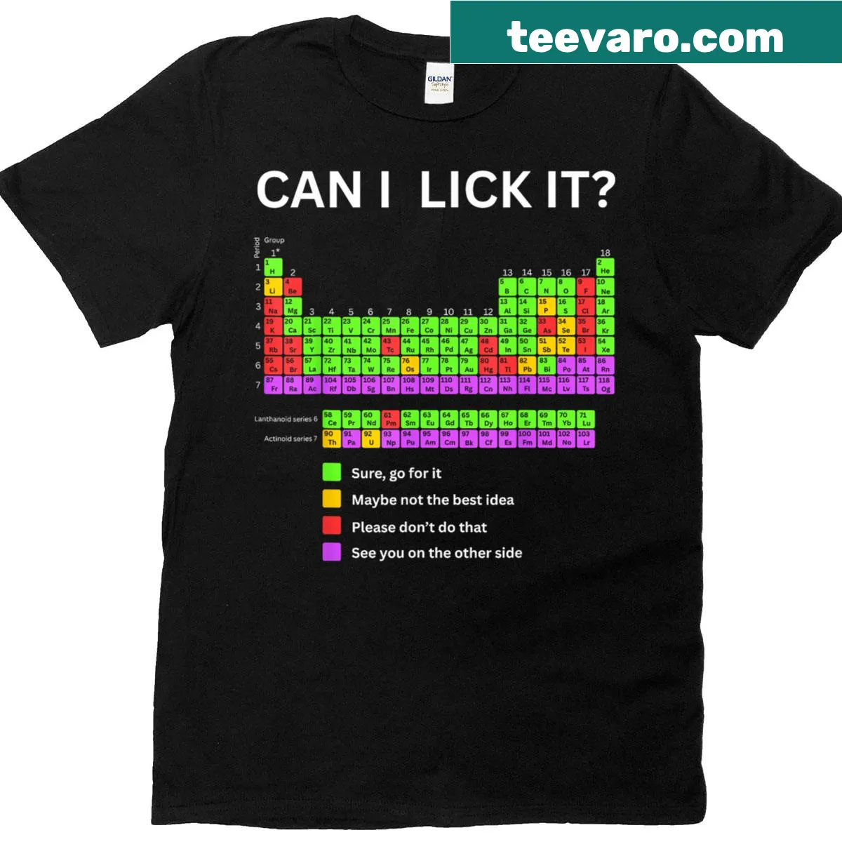 Kids periodic table shirt with Can I Lick It phrase — on a men's t-shirt