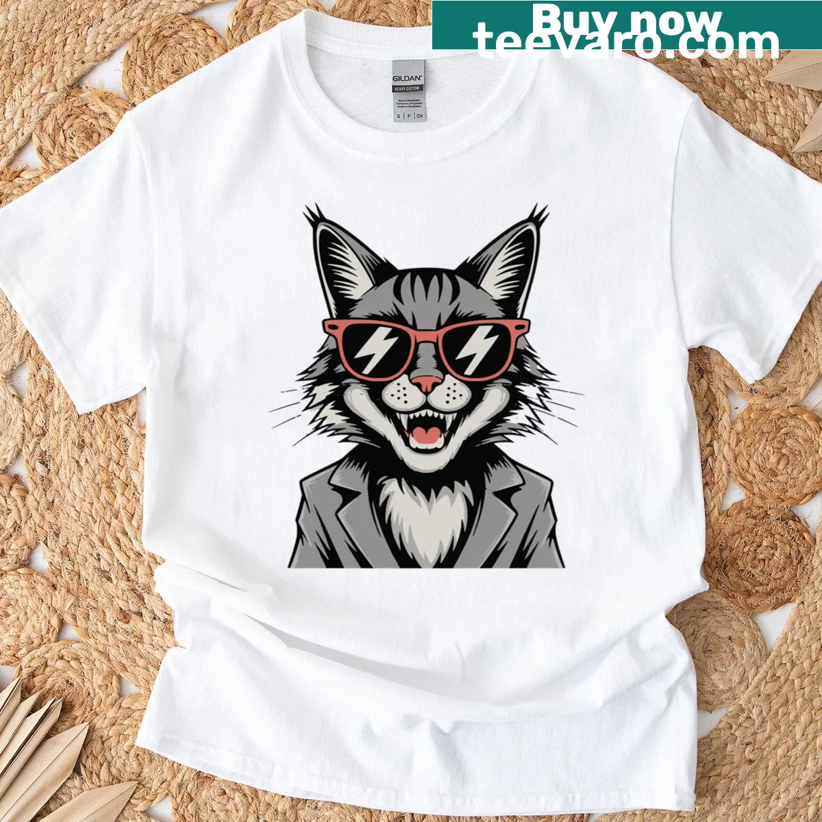 Long sleeve t-shirt featuring a cute cartoon cat in sunglasses and a jacket — on a men's t-shirt