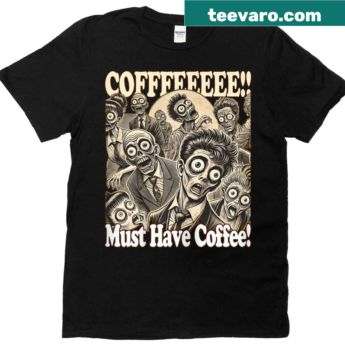 Funny zombie-themed T-shirt celebrating coffee culture — on a men's t-shirt