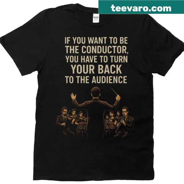 Illustration of a conductor leading an orchestra on a T-shirt