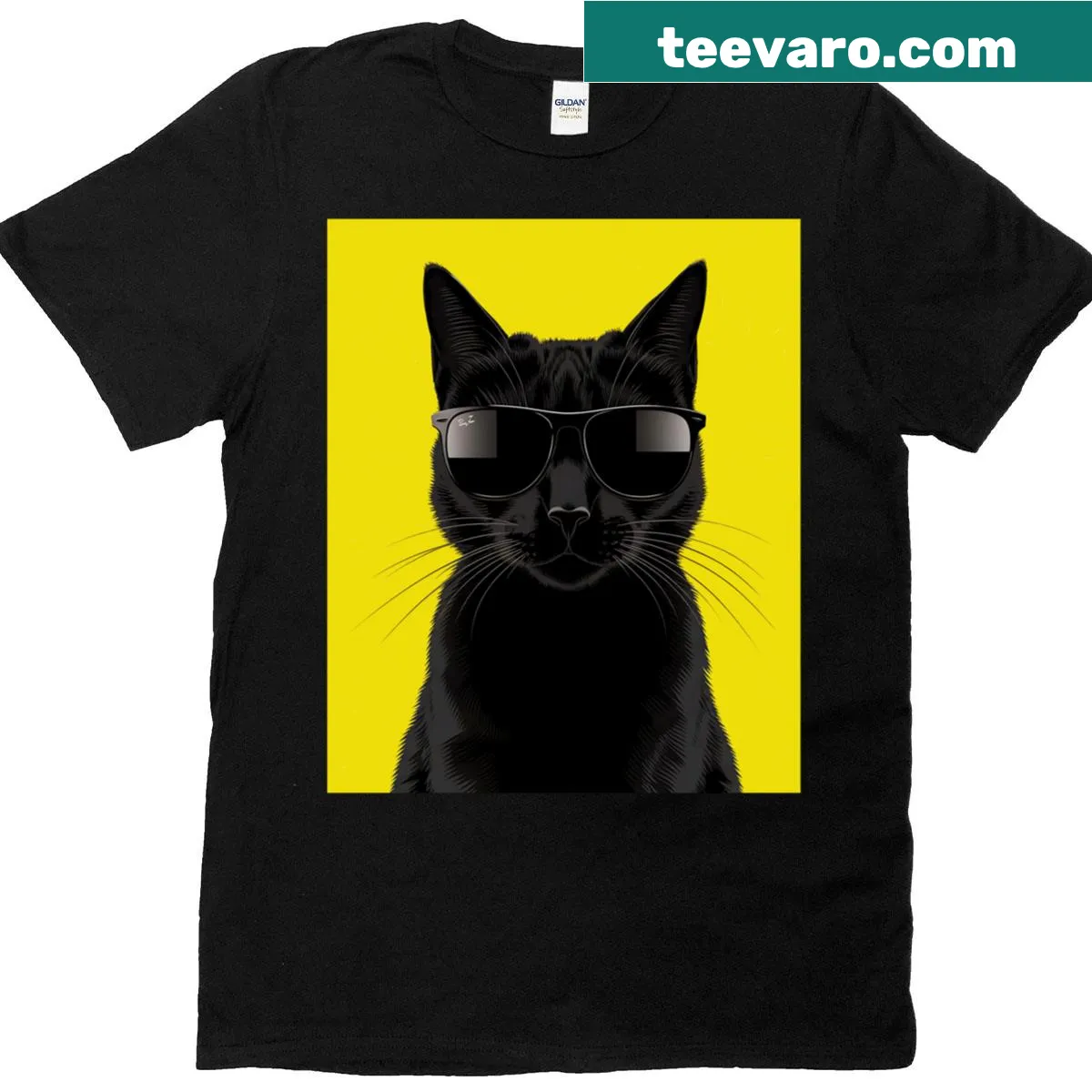 Retro vector art of a black cat wearing shades on a T-shirt — on a men's t-shirt