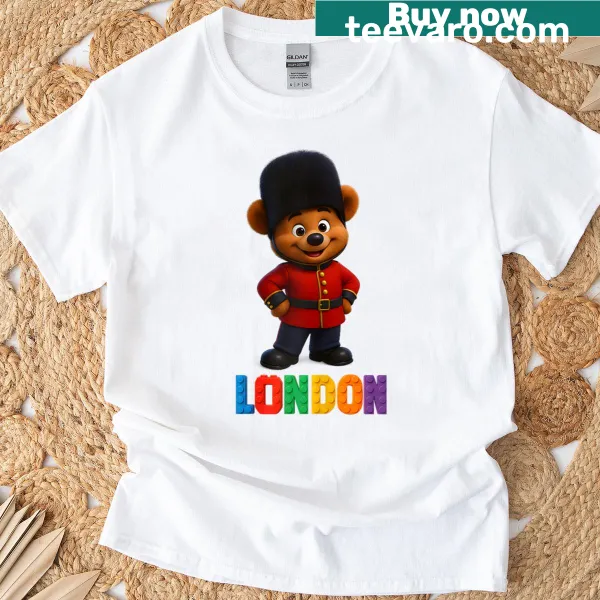 Cartoon teddy bear styled as a London guard on a T-shirt