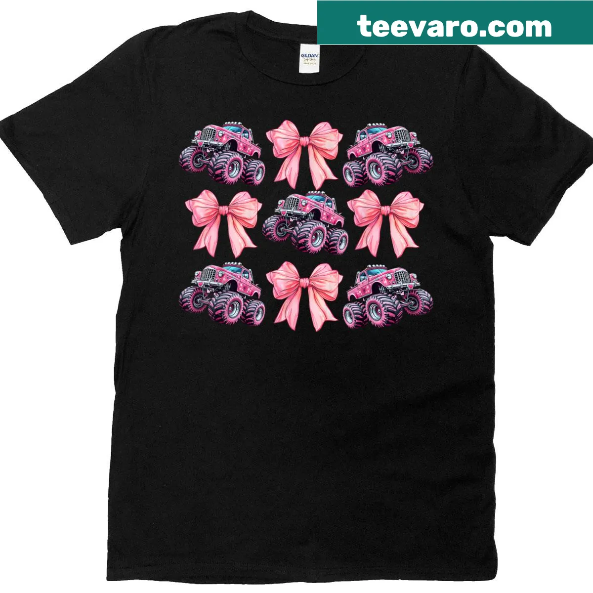 Cute monster truck design with pink bow for Mother's Day T-shirt — on a men's t-shirt