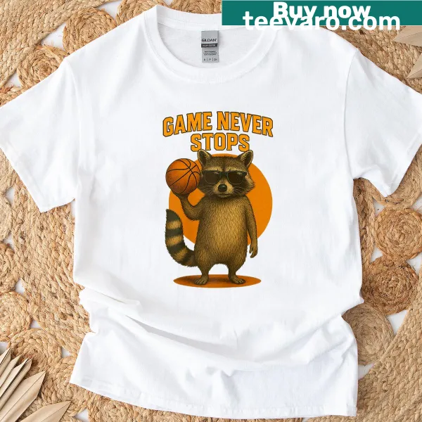 Cartoon raccoon in cowboy attire playing basketball on T-shirt