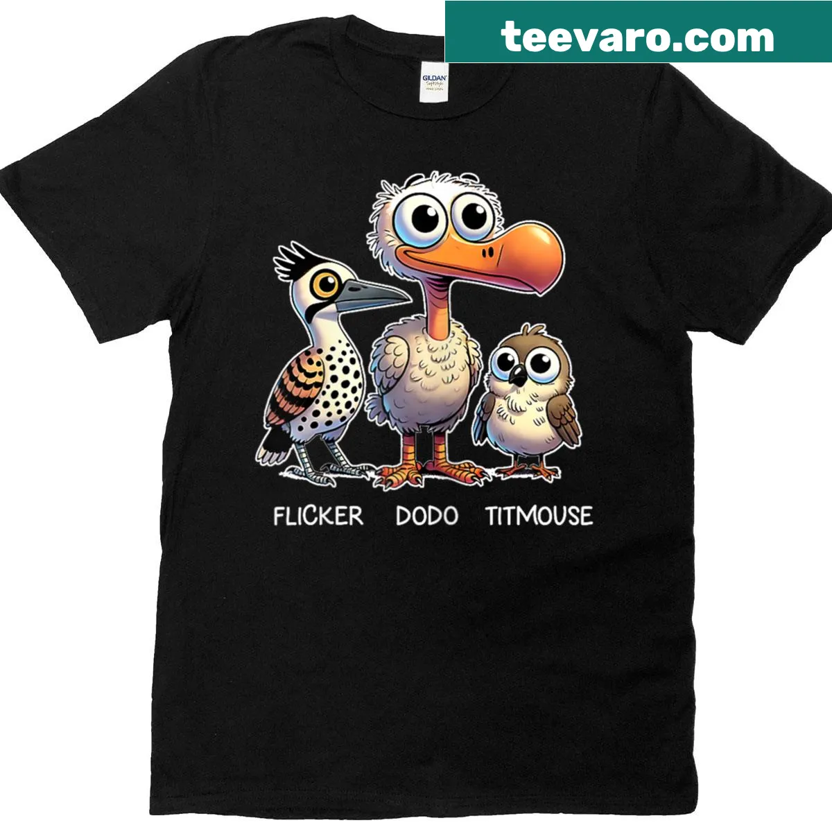 Cartoon birds themed T-shirt featuring a flicker, dodo, and titmouse — on a men's t-shirt