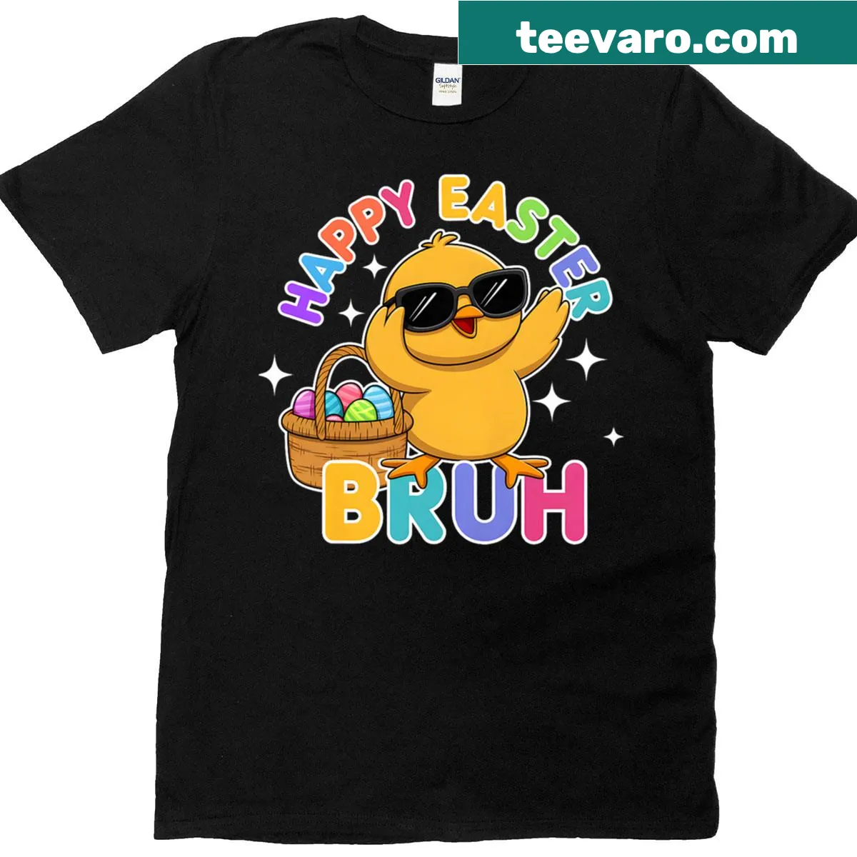 Cartoon chick celebrating Easter with playful graphics — on a men's t-shirt