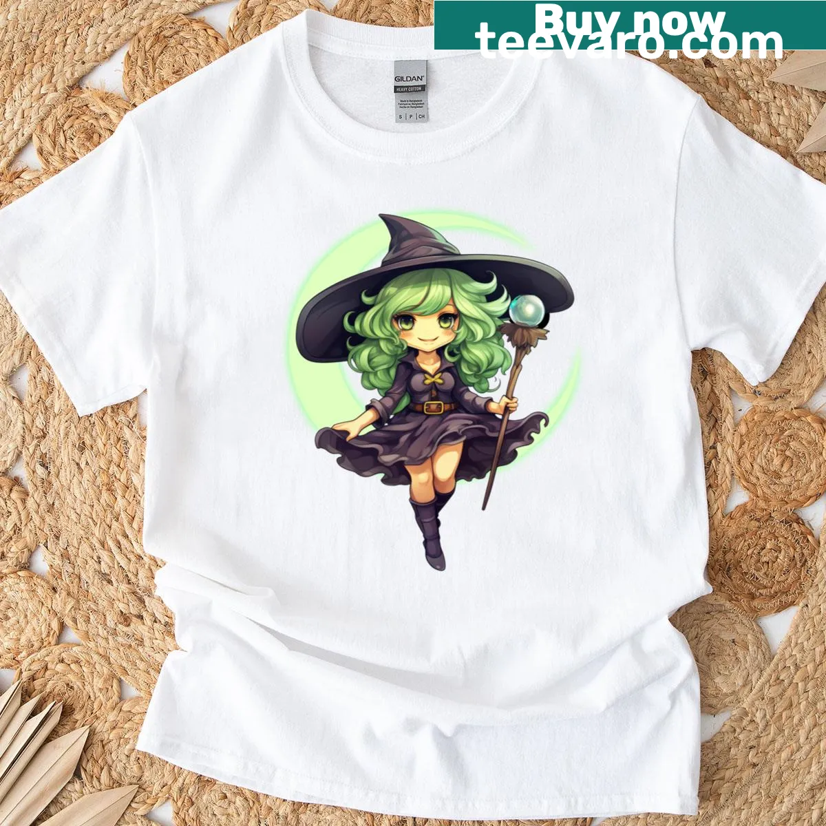 Cartoon witch on crescent moon, funny Halloween long sleeve T-shirt — on a men's t-shirt