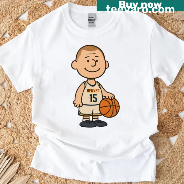 Cartoon Jokic design on a Denver basketball themed t-shirt