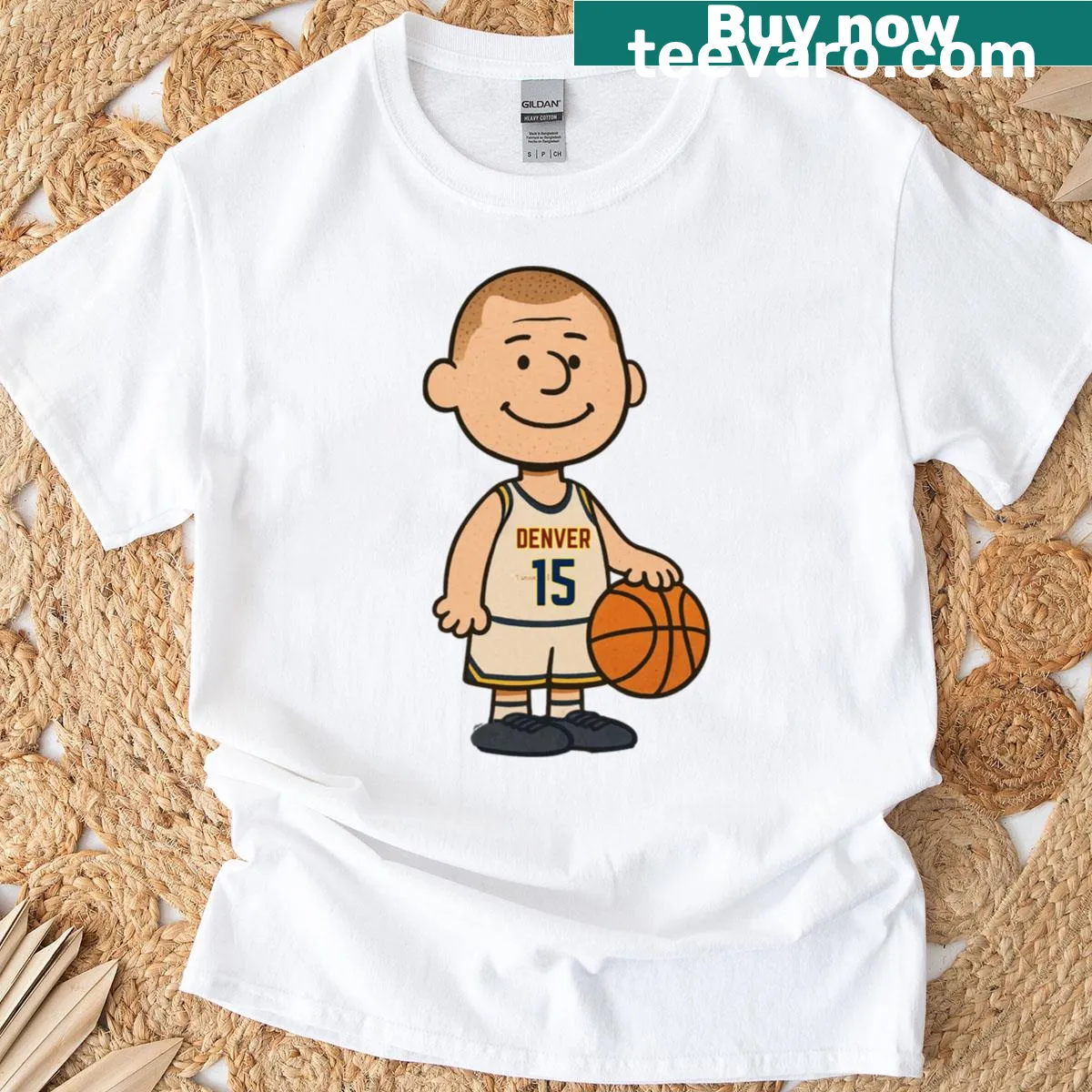 Cartoon Jokic design on a Denver basketball themed t-shirt — on a men's t-shirt