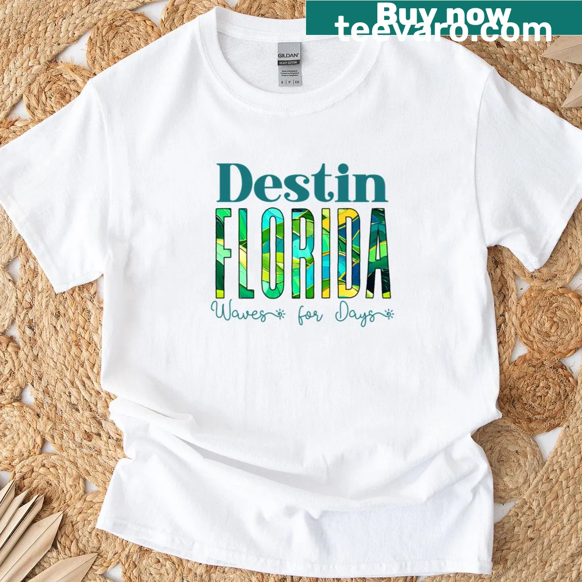 Illustrated Destin Florida beach waves on a classic t-shirt — on a men's t-shirt