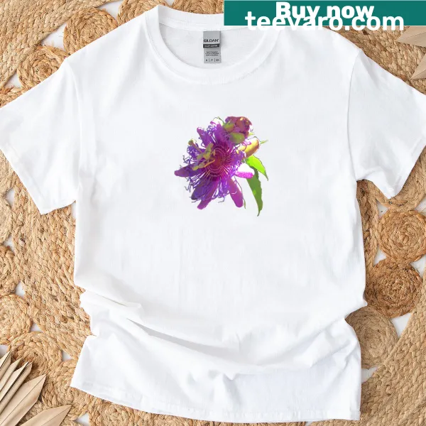 Illustrated T-shirt featuring an exotic purple passion flower and bud