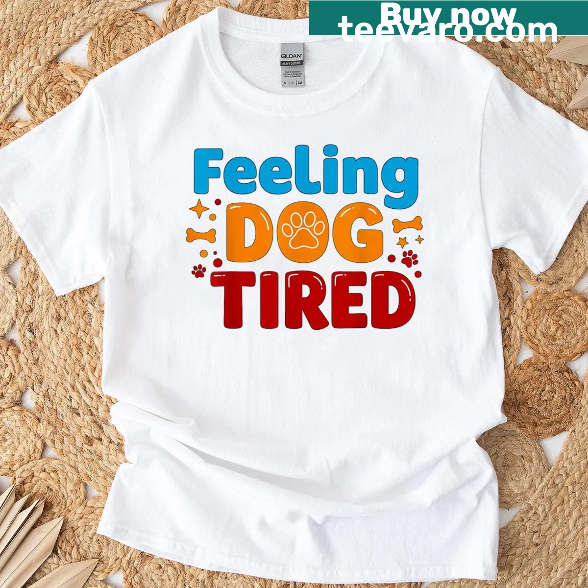Funny T-shirt with 'Feeling Dog Tired' graphic for dog lovers — on a men's t-shirt
