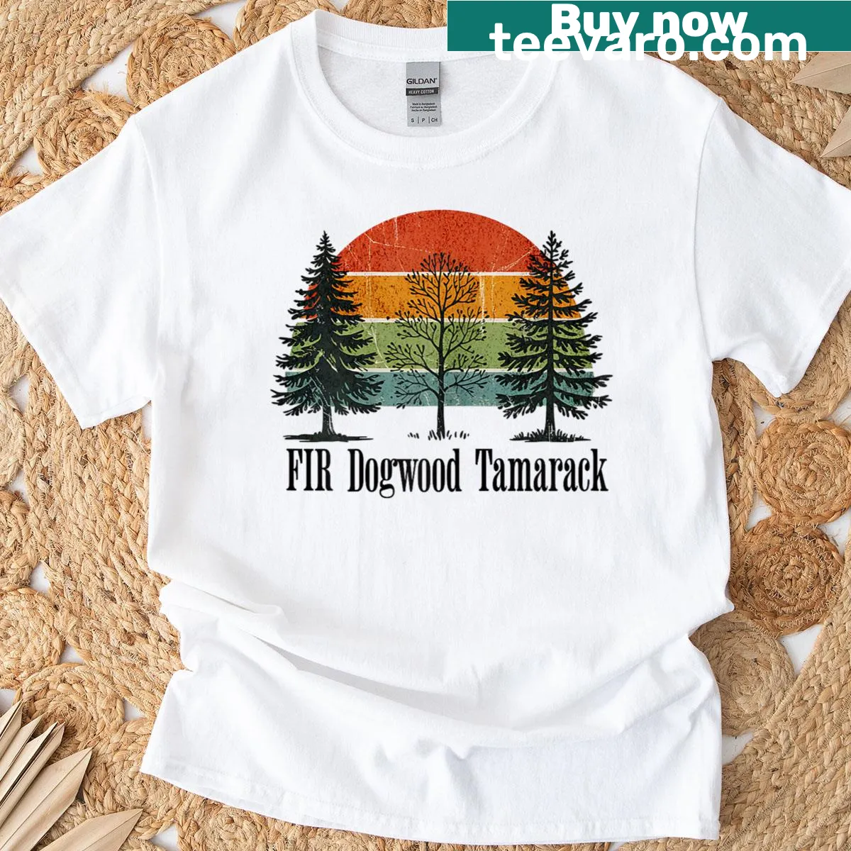 Vintage-style tree silhouette t-shirt featuring Fir, Dogwood, and Tamarack. — on a men's t-shirt