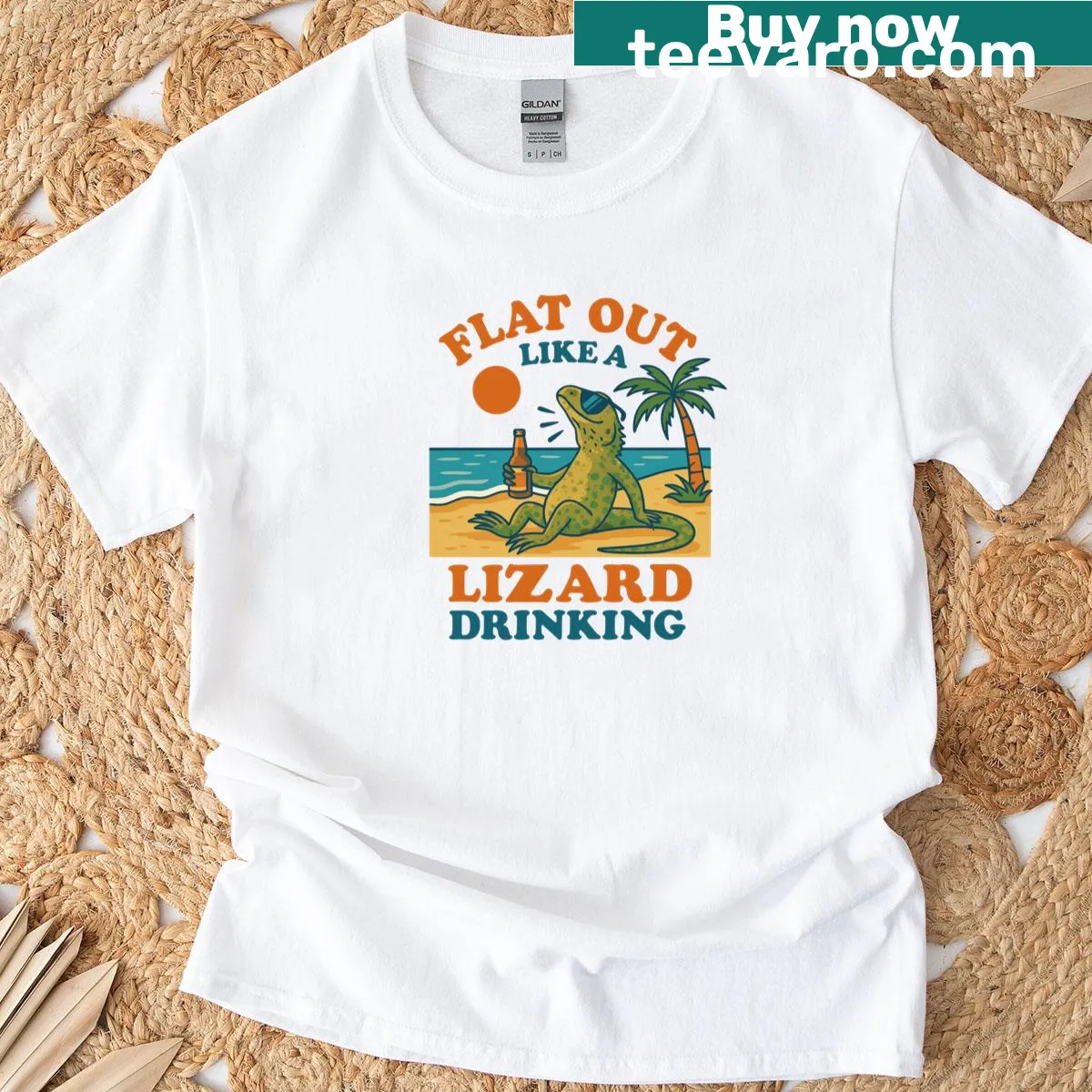 Cartoon lizard lounging with a humorous beach theme on tee — on a men's t-shirt