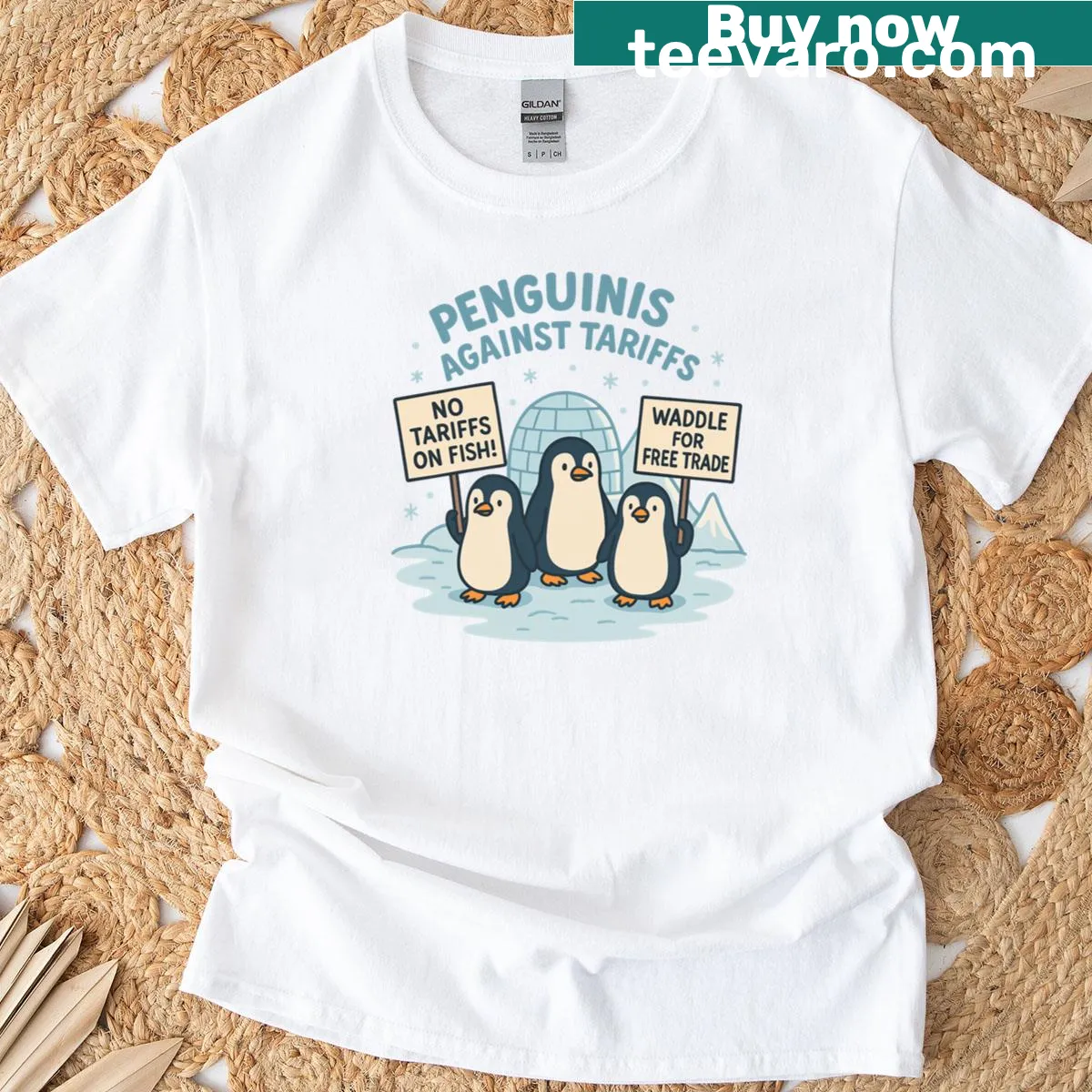 Illustration of penguins with flippers up promoting wildlife conservation — on a men's t-shirt