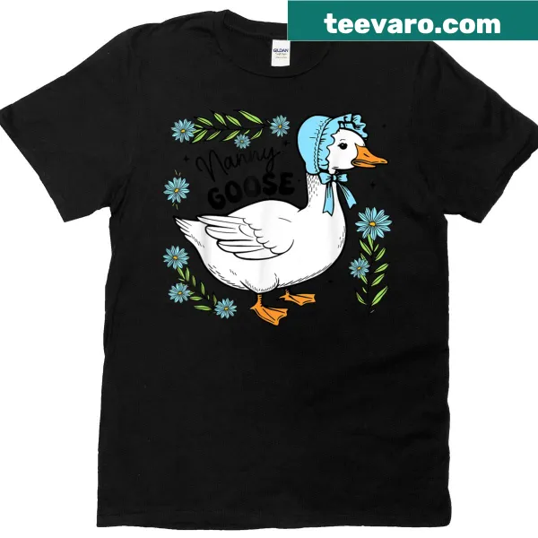 Cute T-shirt featuring cartoon nanny goose with floral elements