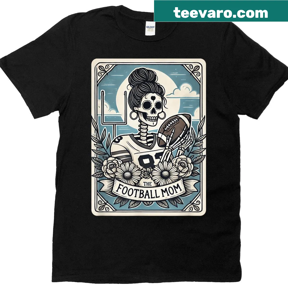 Football Mom T-shirt with skeleton and Tarot card design — on a men's t-shirt