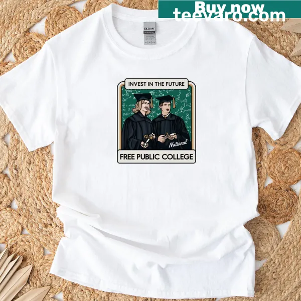 Bold typography t-shirt with the phrase 'Free Public College' prominently displayed.