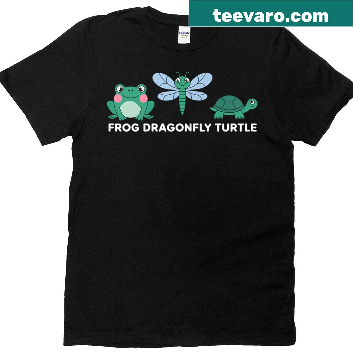 Cute animal cartoon T-shirt featuring a frog, dragonfly, and turtle — on a men's t-shirt