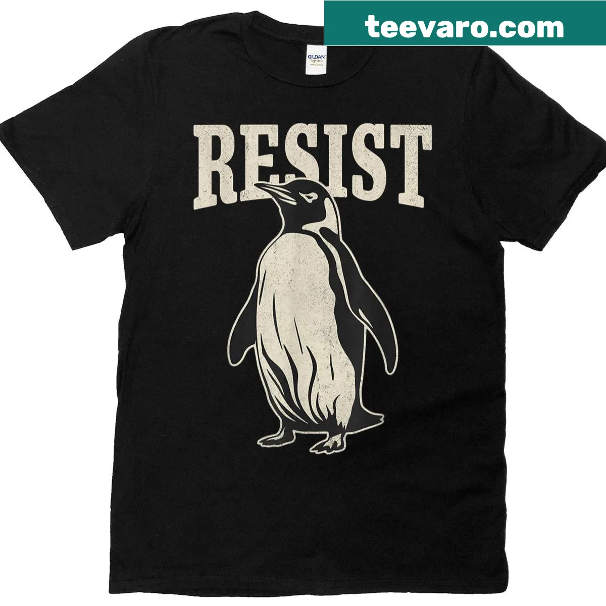 Vintage-style T-shirt with cartoon penguins protesting tariffs. — on a men's t-shirt