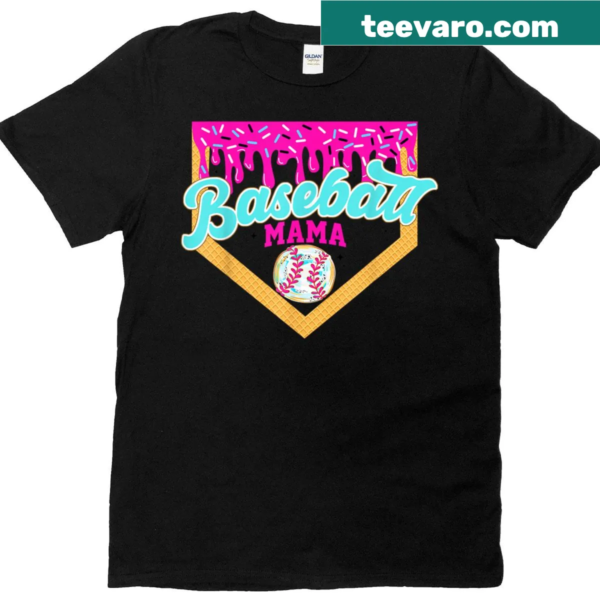 Illustrative T-shirt with baseball mom and ice cream drip design — on a men's t-shirt