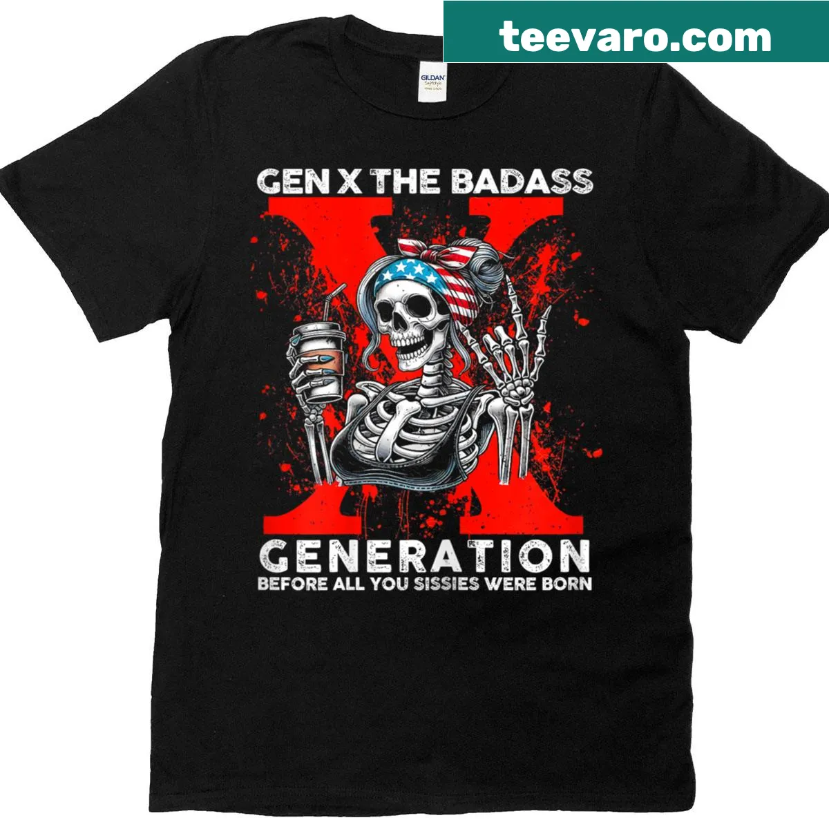 Gen X t-shirt with skull graphic and retro quote — on a men's t-shirt
