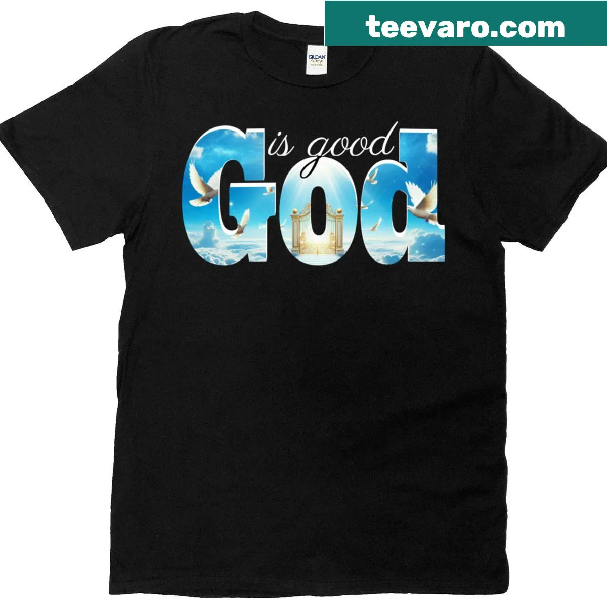 T-shirt with 'God Is Good' phrase and inviting graphic illustration — on a men's t-shirt