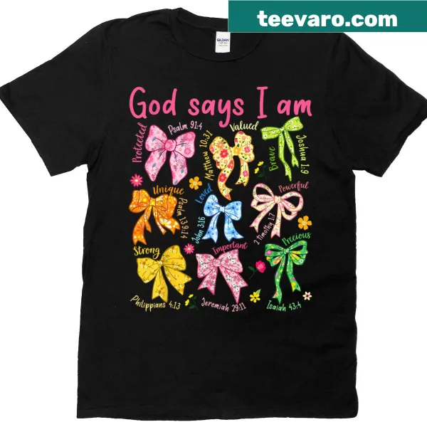 Floral t-shirt with hand-lettered message 'God Says I Am' and bow design