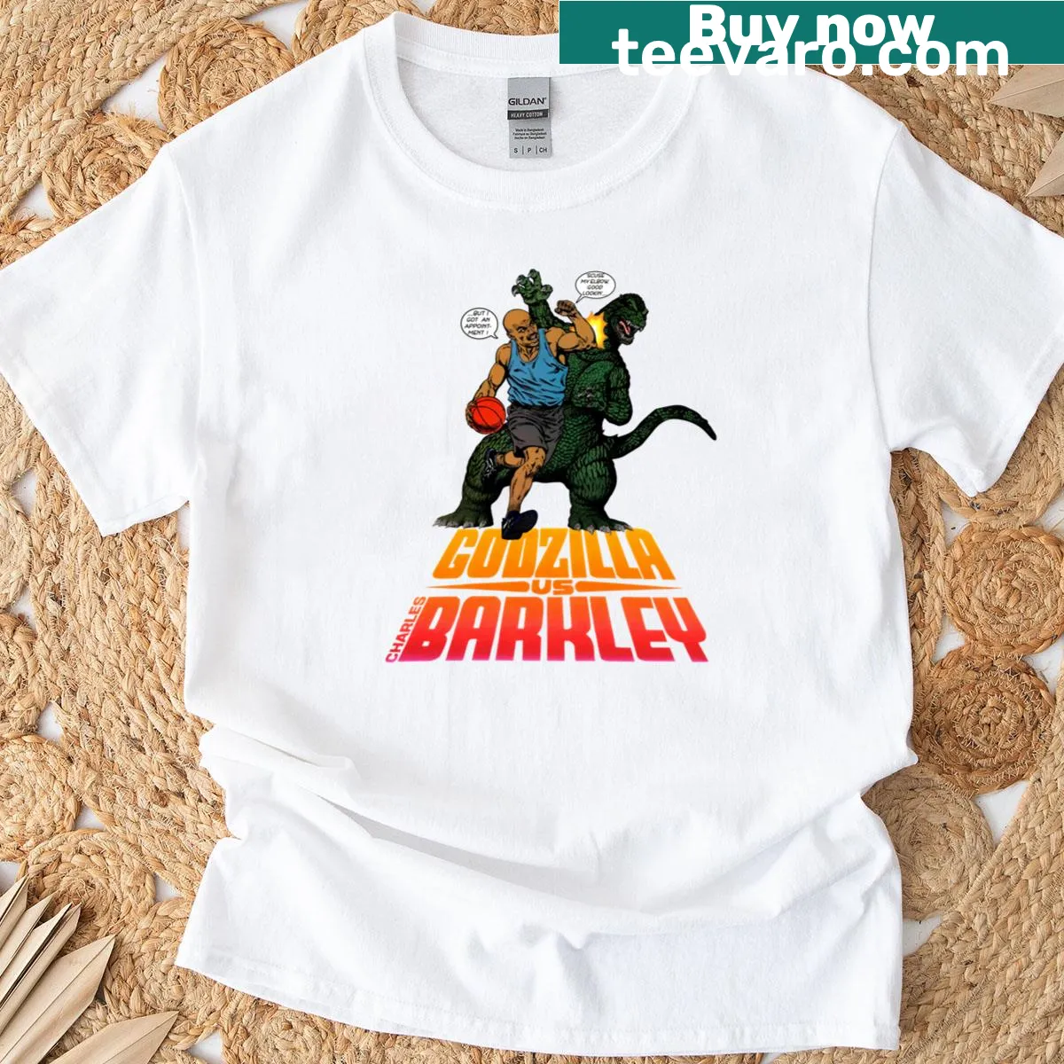 Godzilla and Barkley illustrated in a basketball showdown graphic — on a men's t-shirt