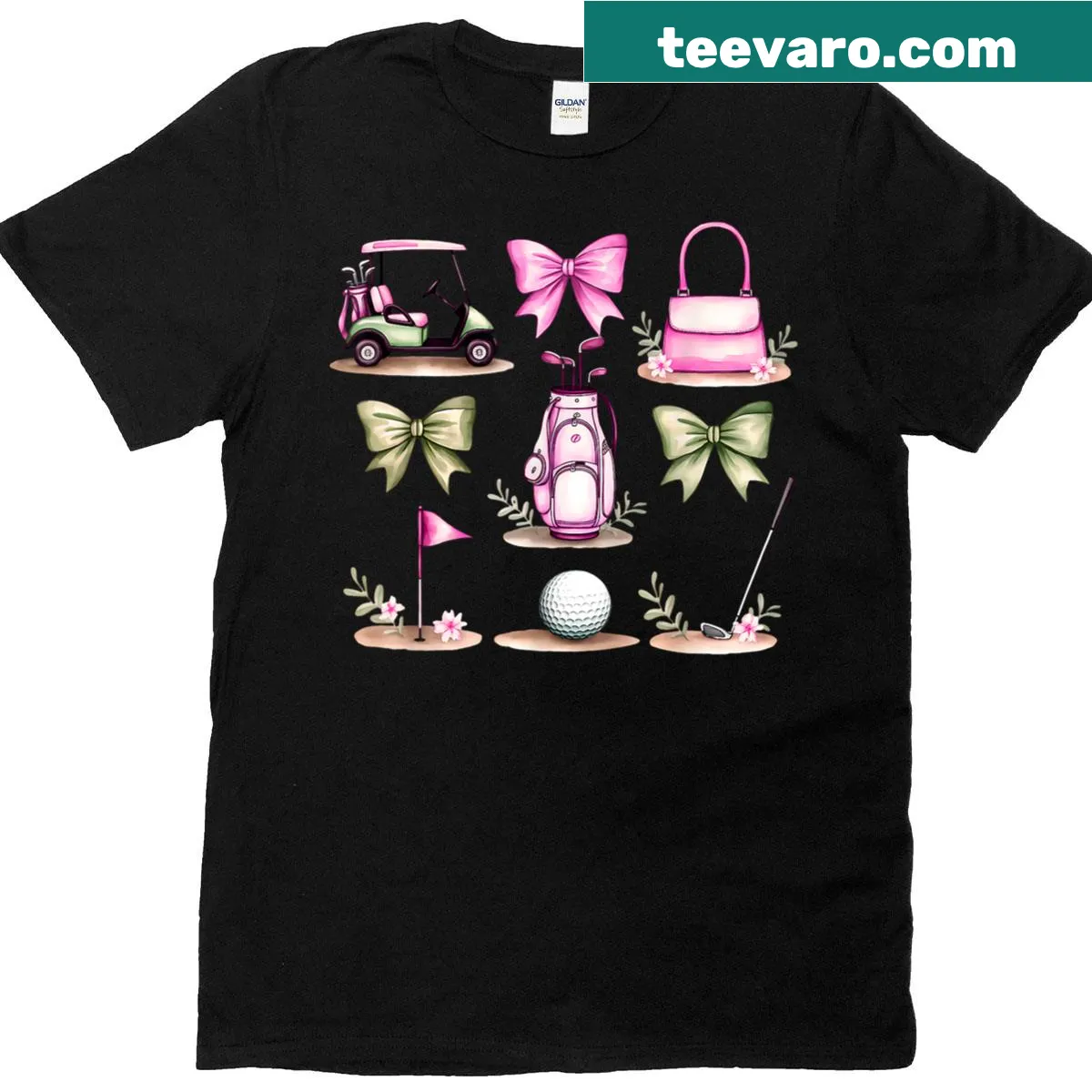 Golf Mom shirt with coquette bow and golfer graphics — on a men's t-shirt