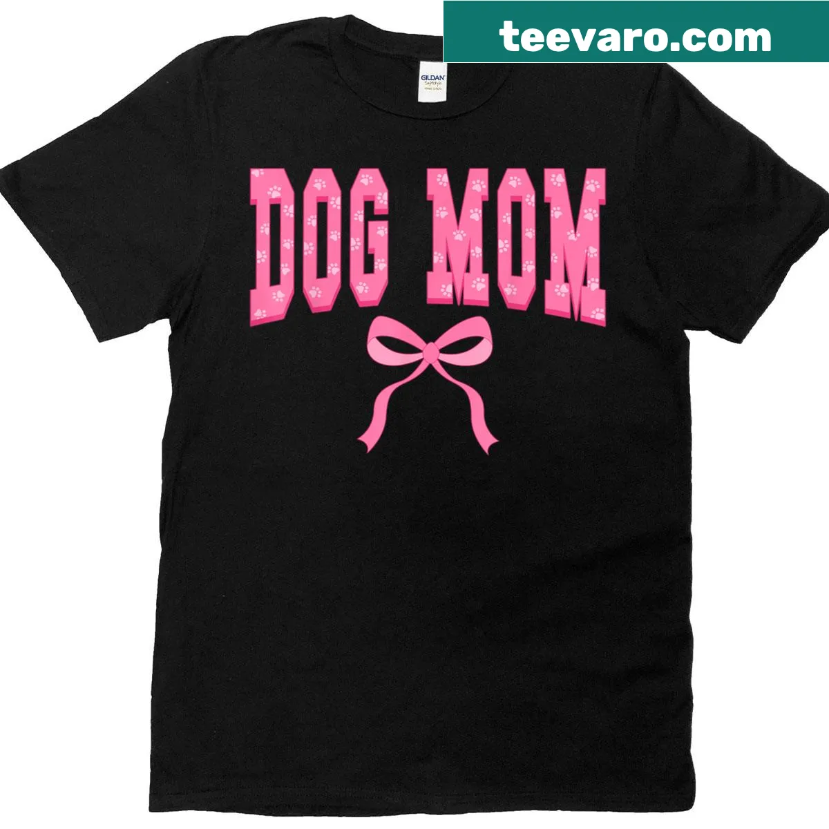 Cute Dog Mom T-shirt with coquette bow and paw illustrations — on a men's t-shirt