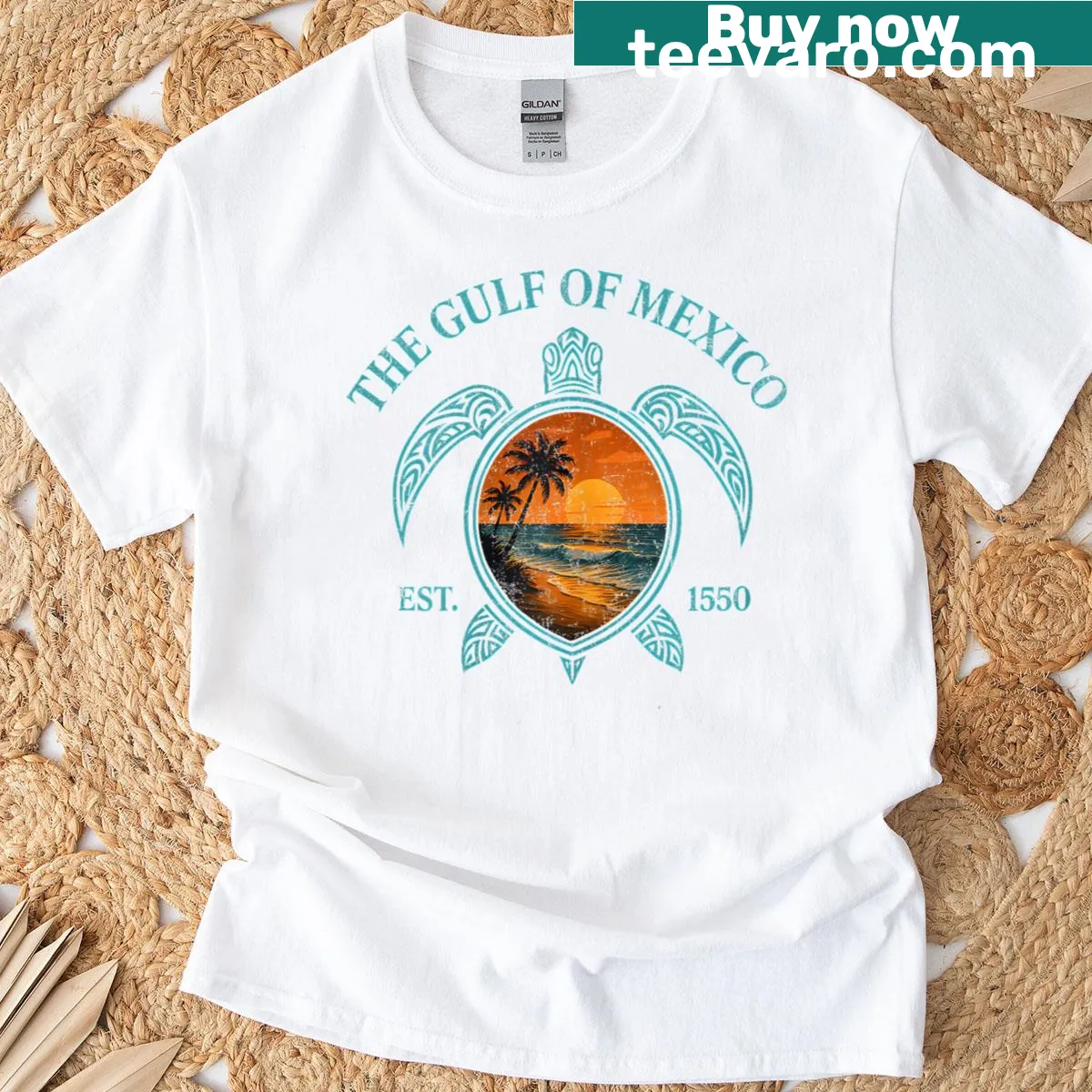 Retro turtle graphic with sunset over the Gulf of Mexico — on a men's t-shirt