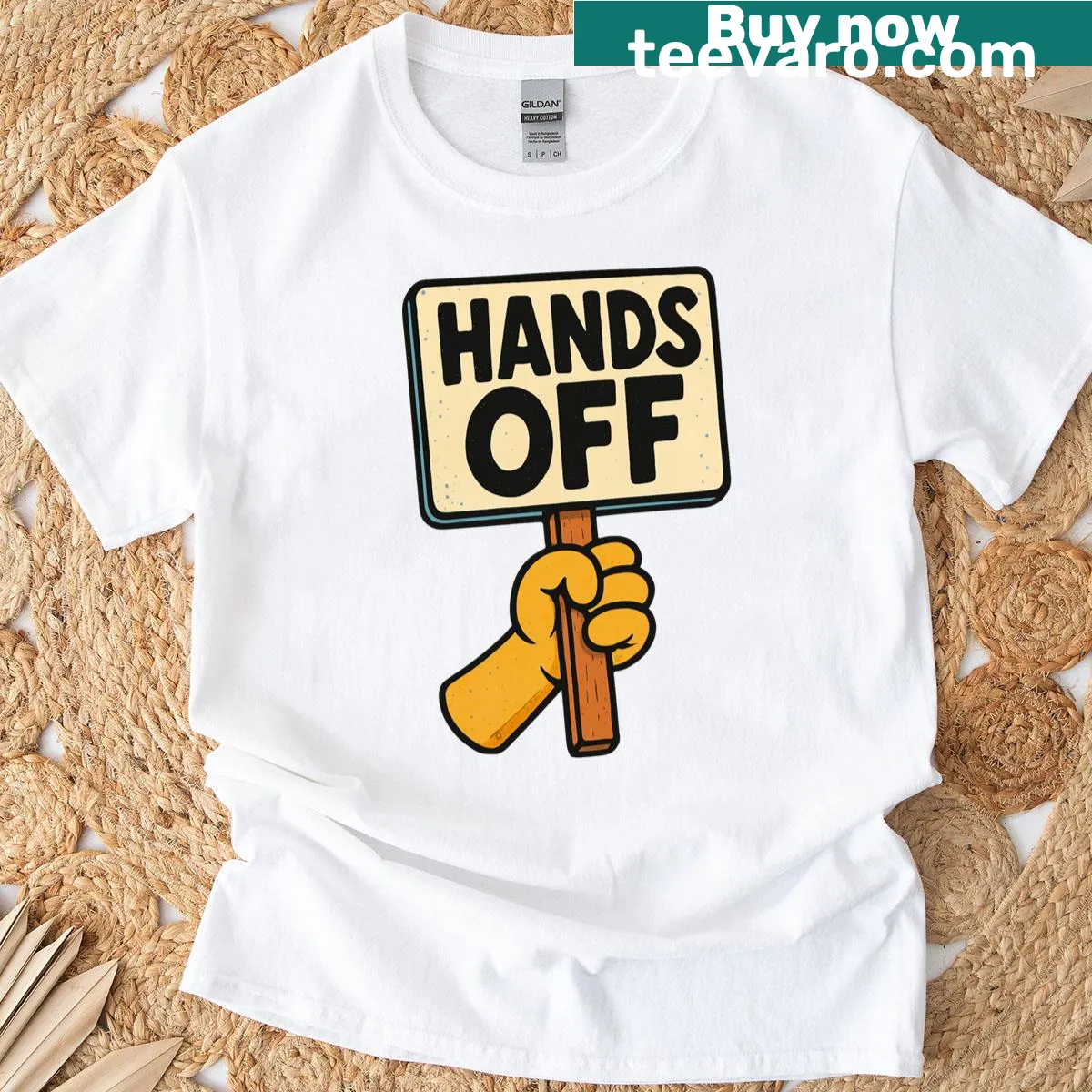 Cartoon protest sign graphic on a classic T-shirt — on a men's t-shirt