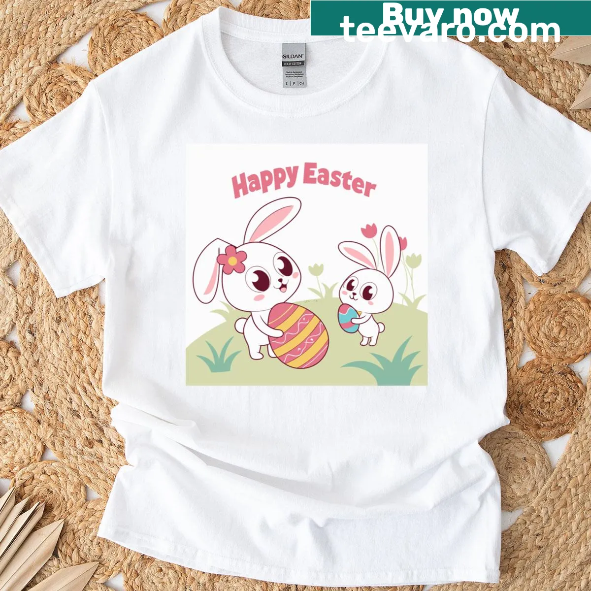 Happy Easter T-shirt with playful phrase design — on a men's t-shirt