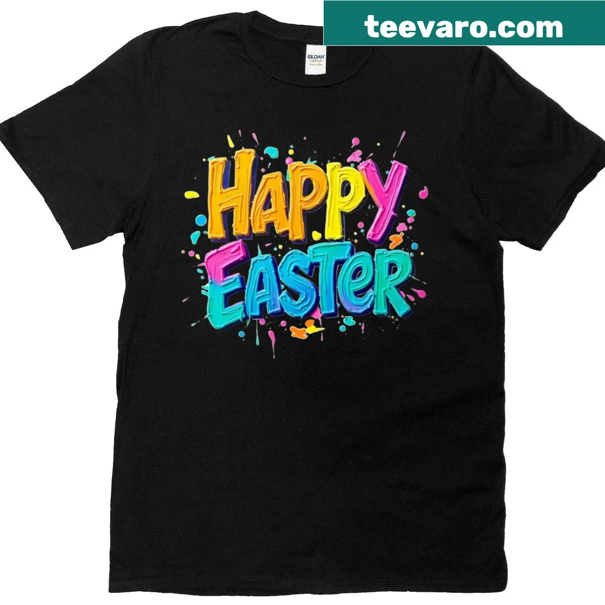 Easter-themed t-shirt with playful painted lettering saying Happy Easter — on a men's t-shirt