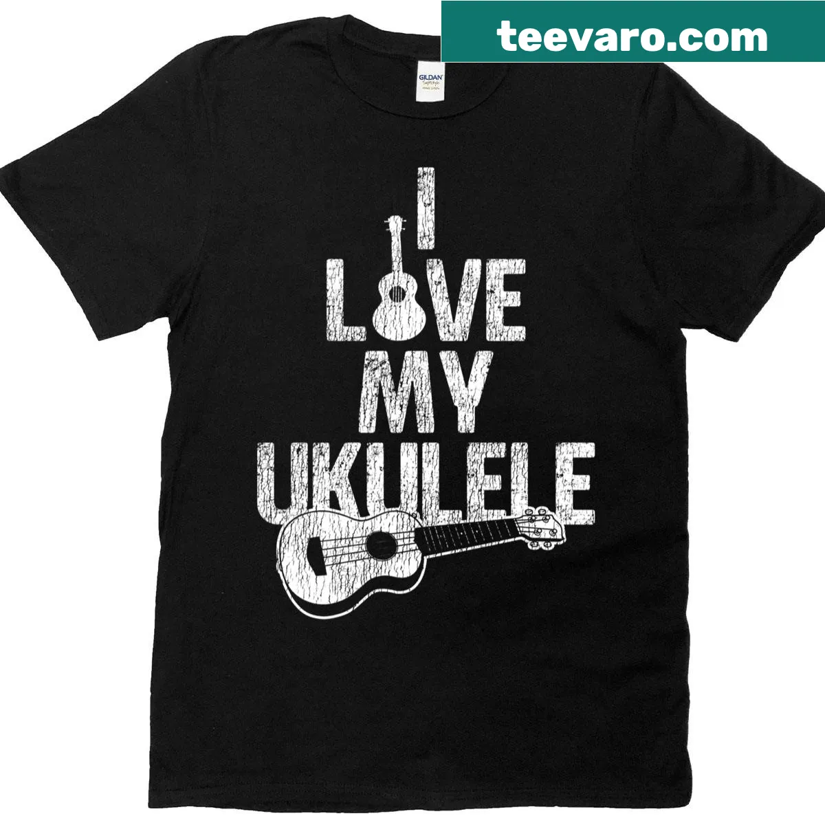 Retro long sleeve t-shirt with ukulele graphic design — on a men's t-shirt