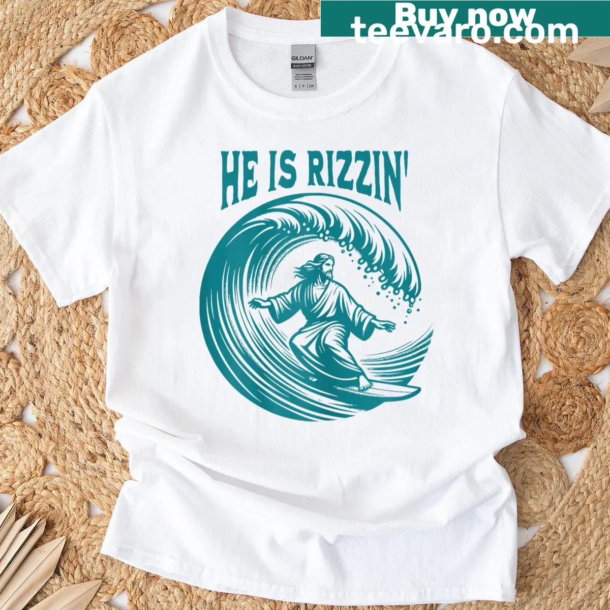 Retro vintage graphic of surfing Jesus for Easter theme — on a men's t-shirt