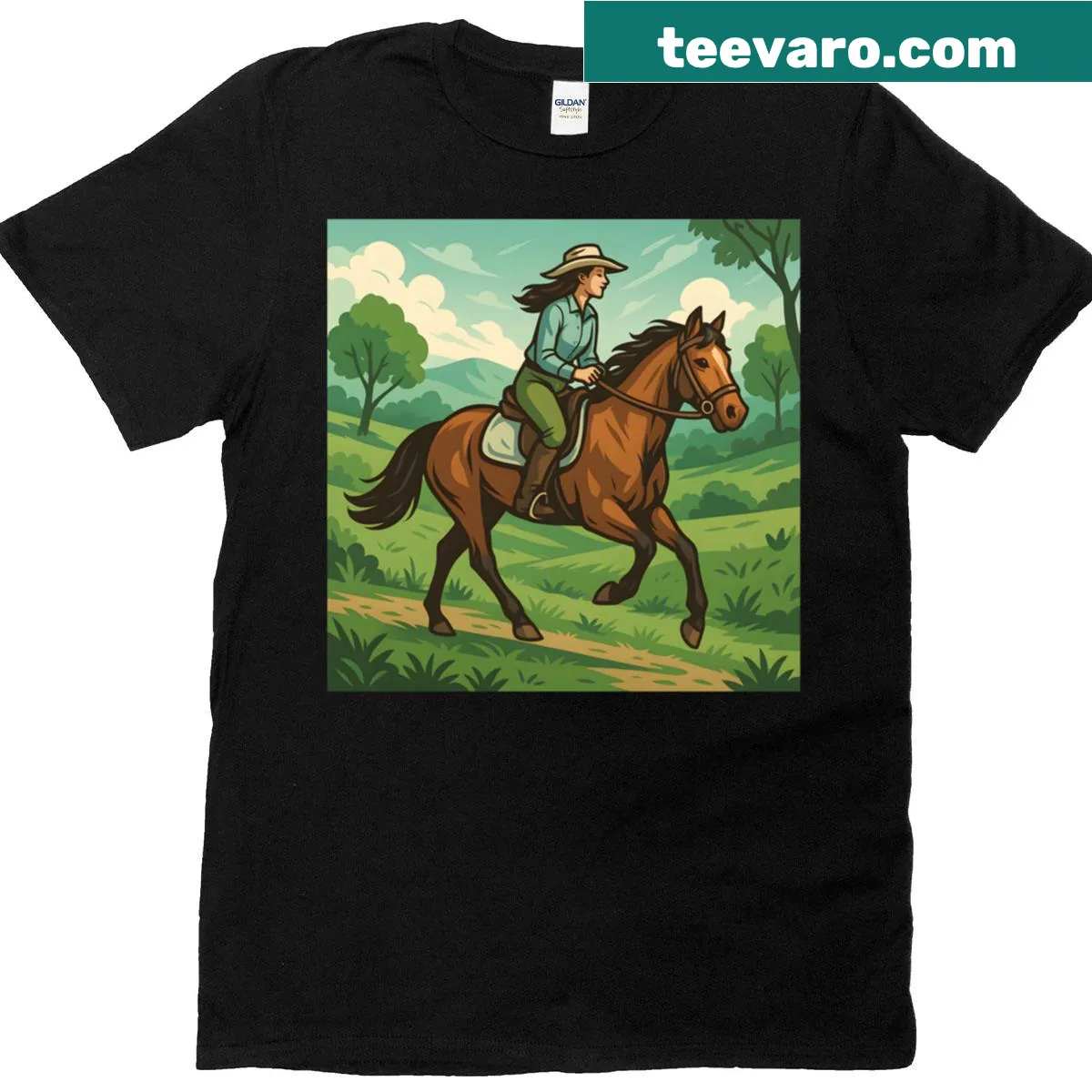 T-shirt featuring an illustration of horse riding in nature. — on a men's t-shirt