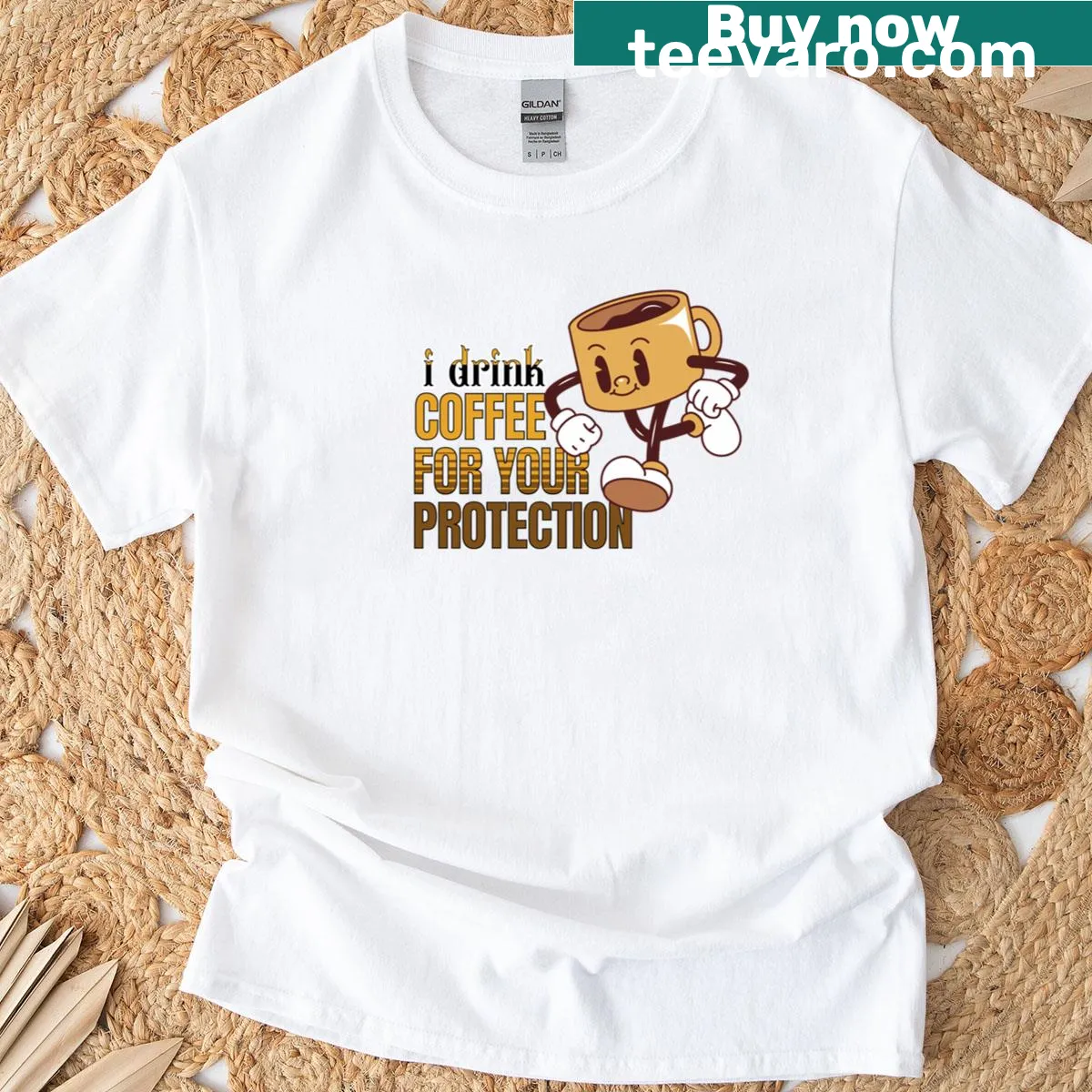 Funny coffee cup graphic with humorous text about coffee — on a men's t-shirt