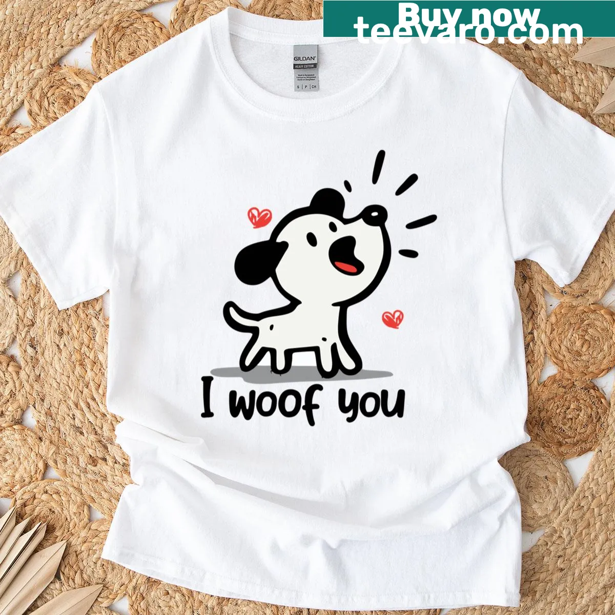Heartwarming dog graphic with 'I Woof You' text — on a men's t-shirt