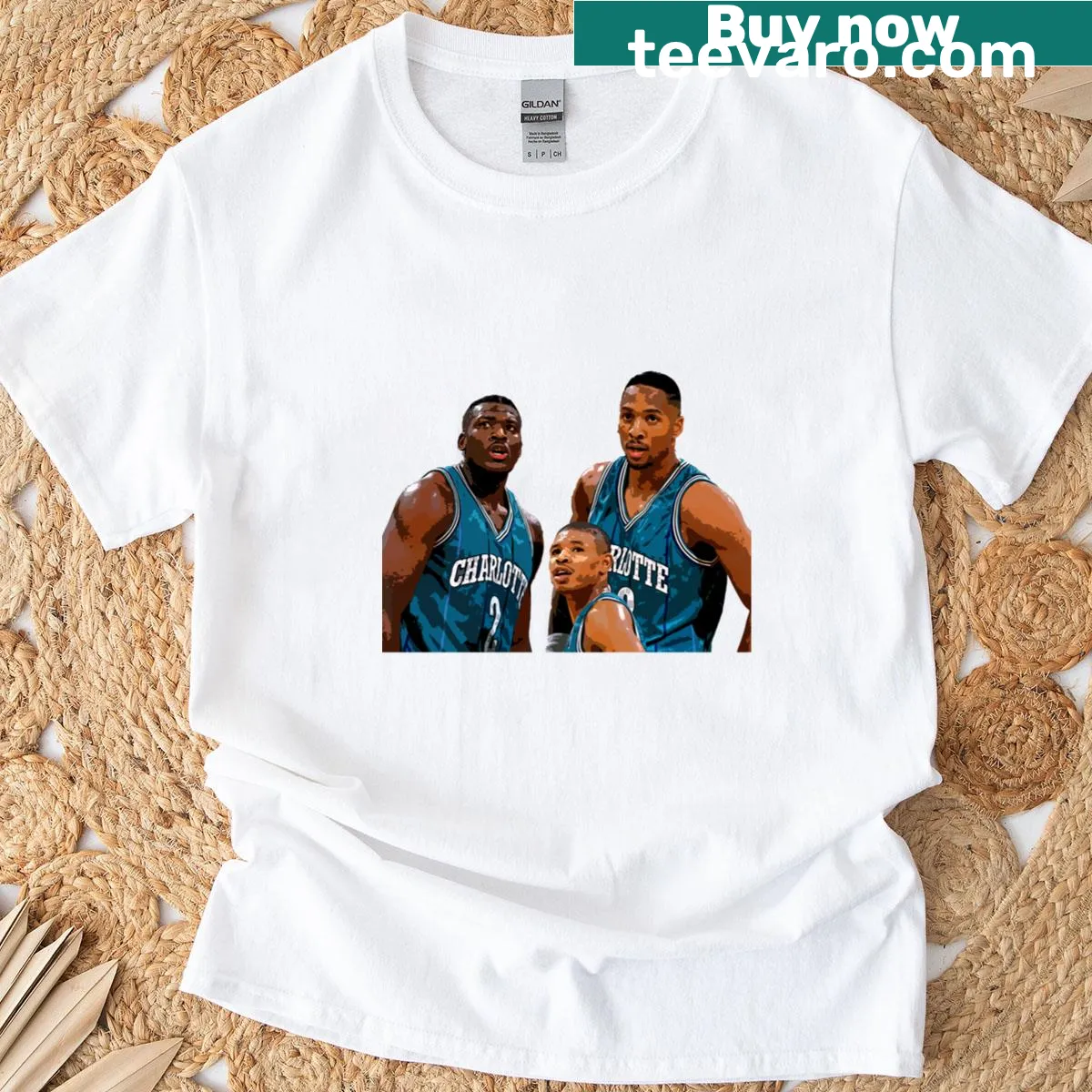 Classic T-shirt celebrating basketball legends with team graphics. — on a men's t-shirt