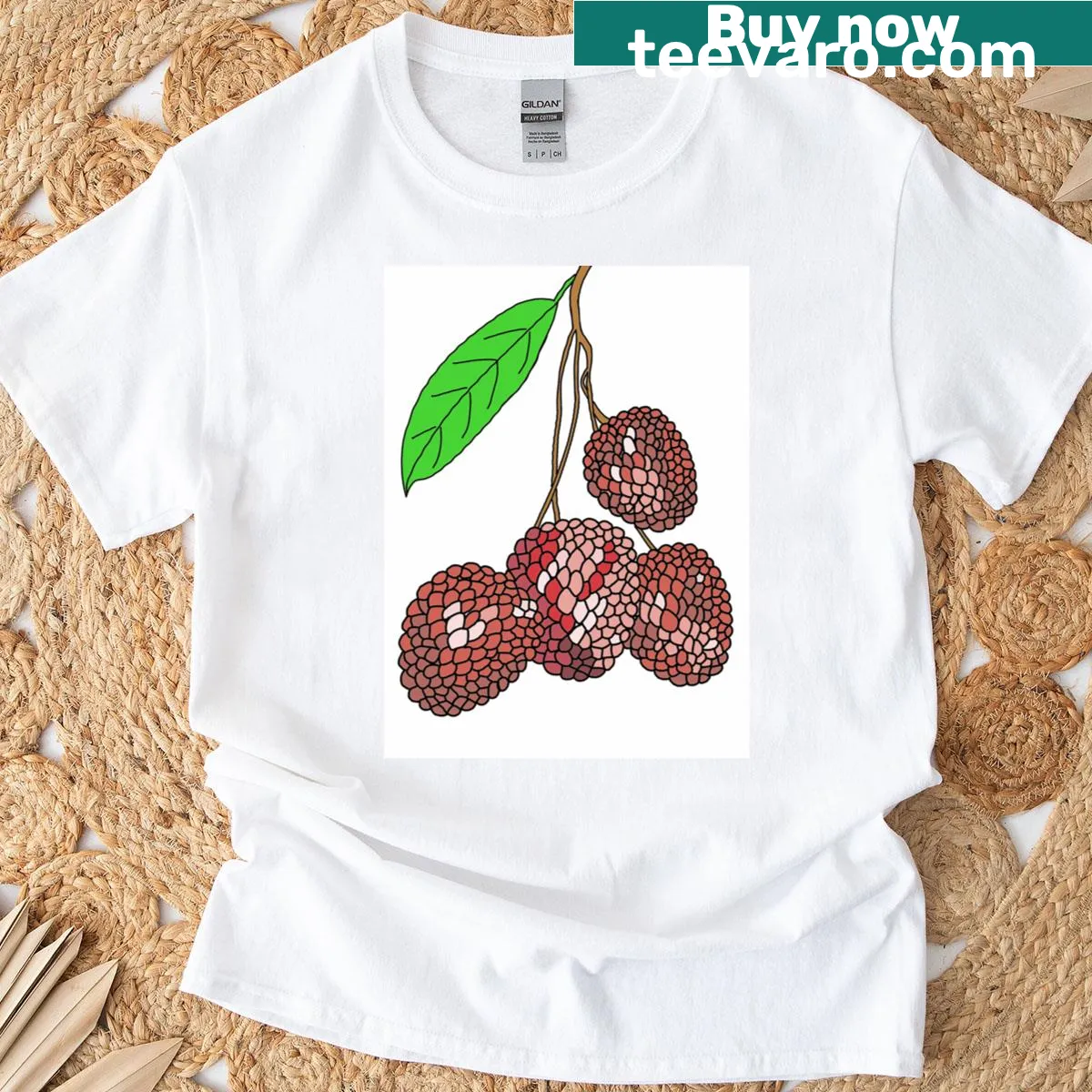 Illustrative design of lychee fruits on a branch for t-shirt — on a men's t-shirt