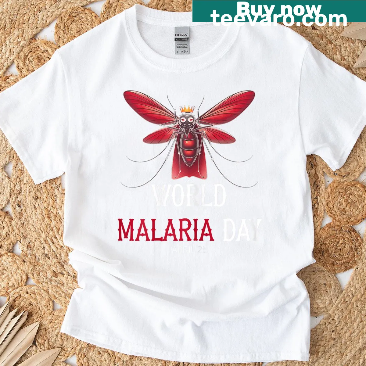 Cartoon mosquito design promoting malaria awareness — on a men's t-shirt
