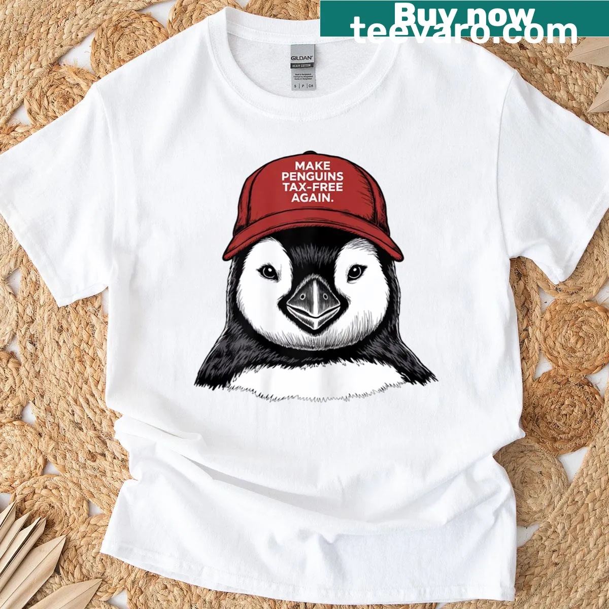 Funny penguin t-shirt with a humorous political message. — on a men's t-shirt