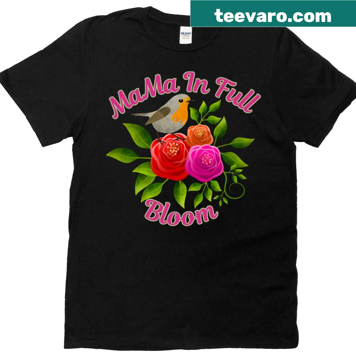 T-shirt with spring flowers and a happy mama bird illustration — on a men's t-shirt
