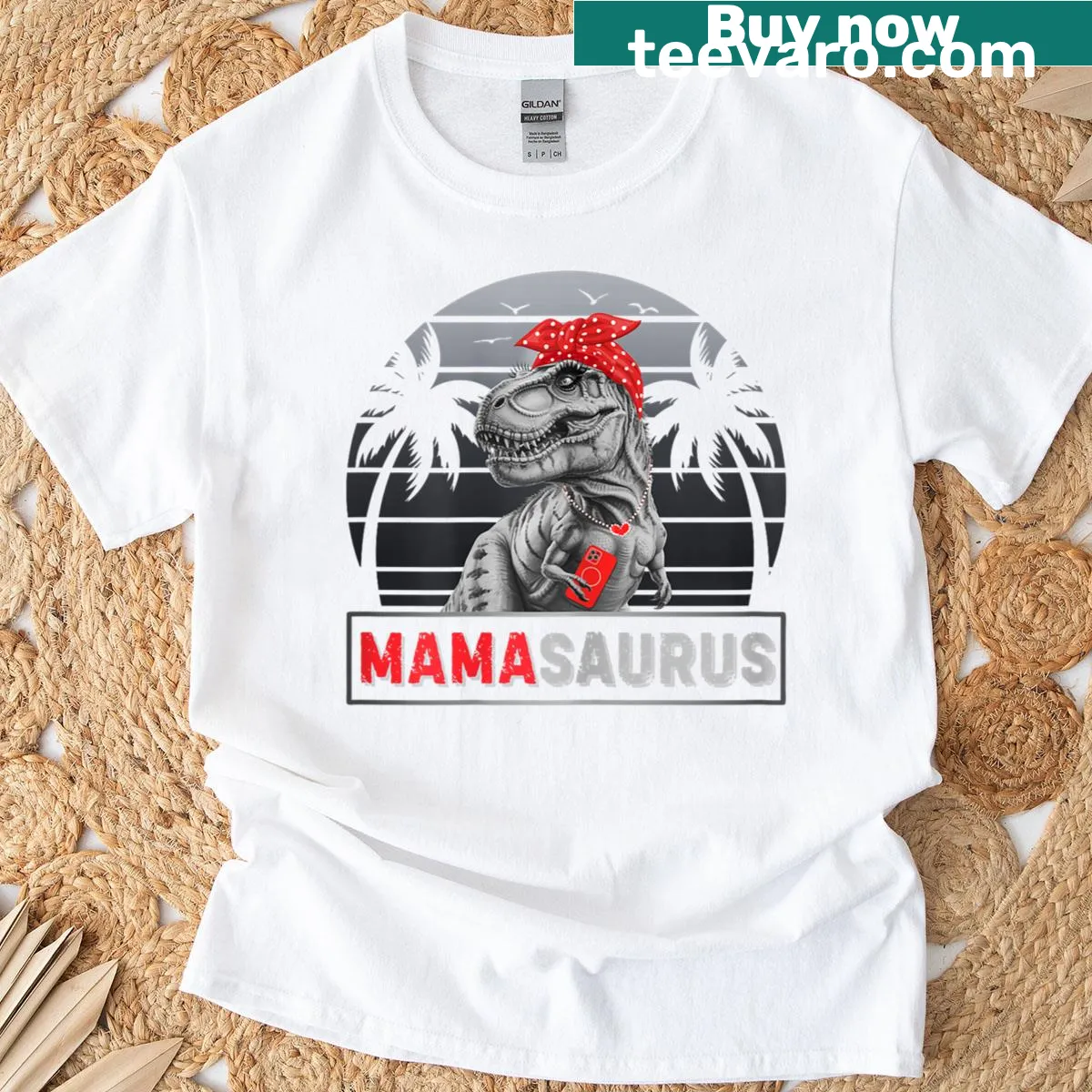 Retro dinosaur T-shirt with 'Mamasaurus' text and playful design for moms. — on a men's t-shirt