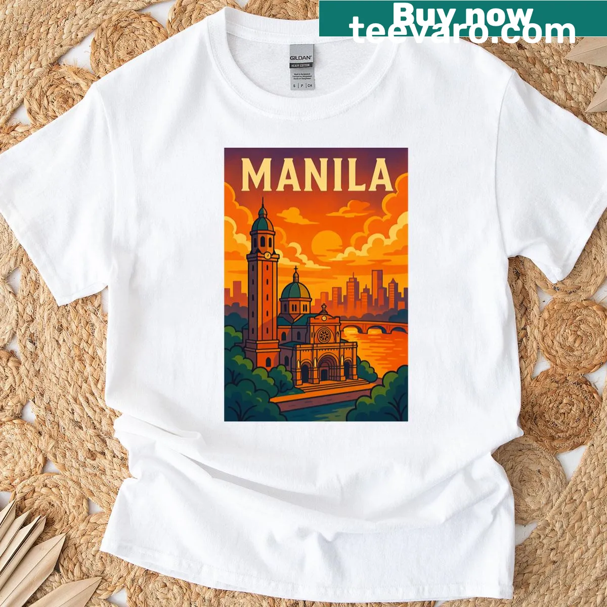 T-shirt featuring a skyline view of Manila Cathedral during sunset — on a men's t-shirt