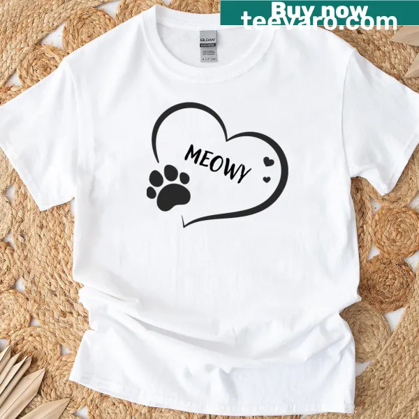 Illustration of 'Meowy' in a heart with a paw print T-shirt