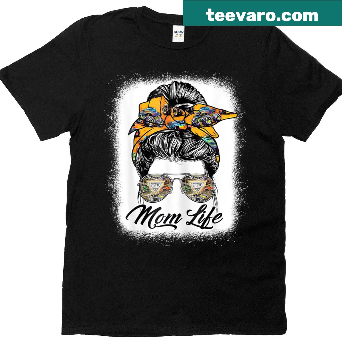 Cartoon messy bun and monster truck mom design for Mother's Day T-shirt — on a men's t-shirt